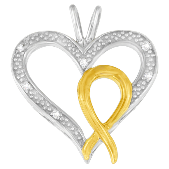 .925 Sterling Silver Two Toned 1/25 cttw Diamond Heart-Ribbon Pendant